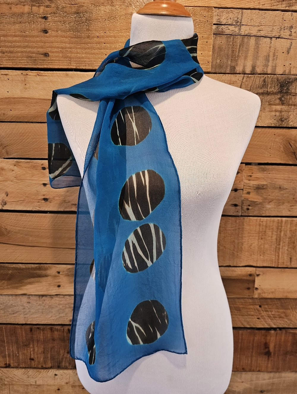 Sheer Peacock Blue Scarf w/ Black & White Zebra Striped Dots 9" X 50"